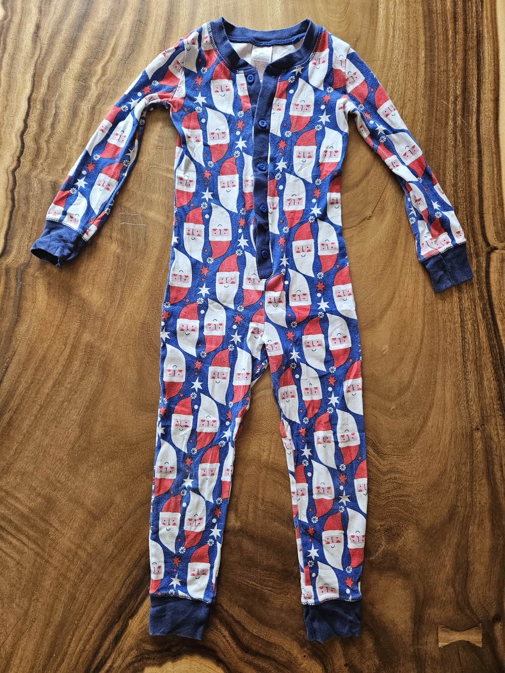 Mini Boden Red & Blue Santa Print Footed One-Piece 7Y